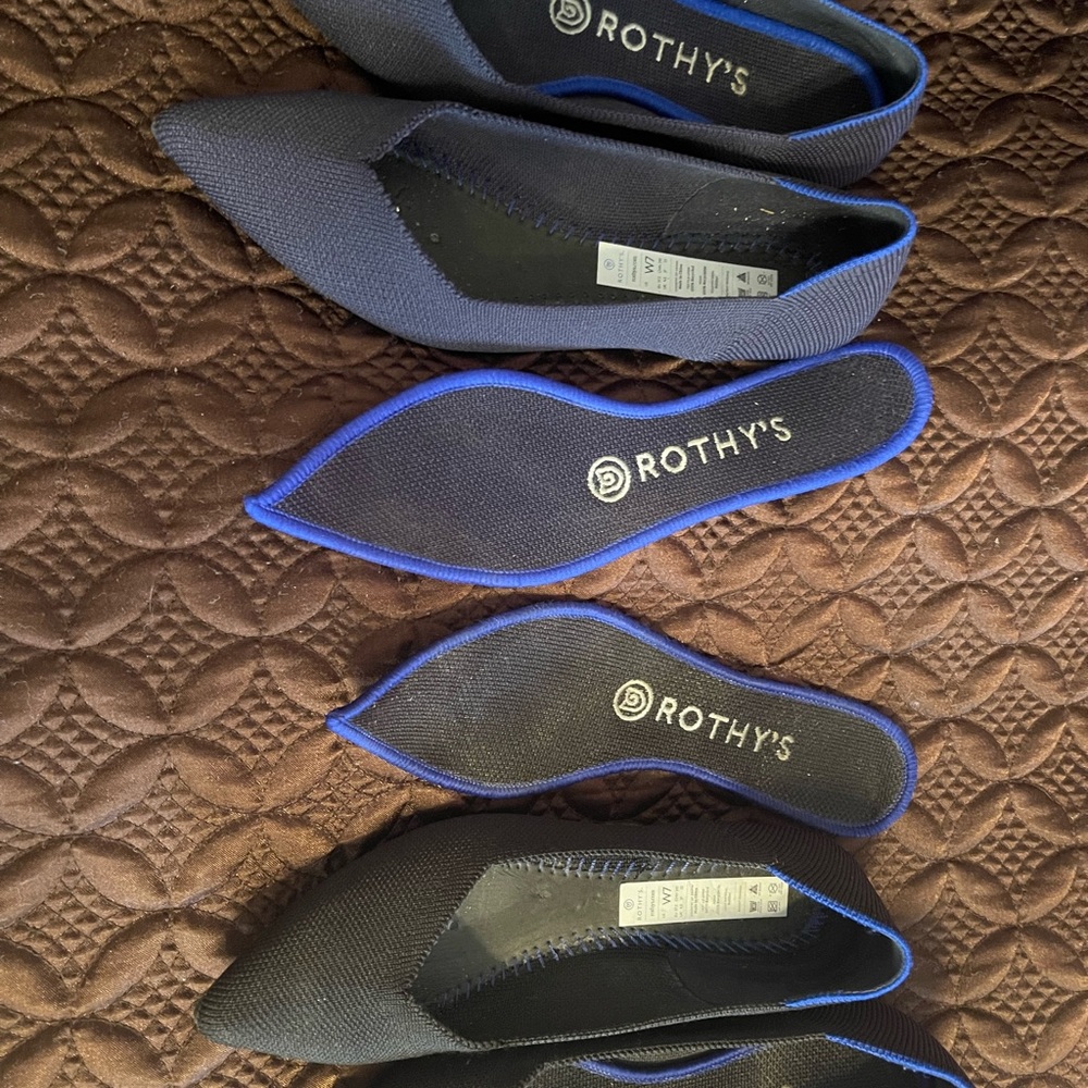 Rothy’s two pairs one blue one black pointed toe flats.